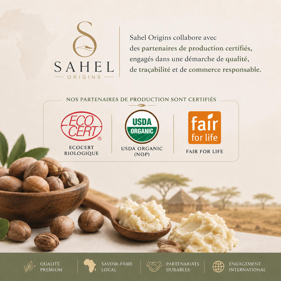 Des partenaires de production certifiés. Sahel Origins travaille avec des partenaires de production certifiés répondant aux exigences des marchés internationaux en matière de qualité, de traçabilité et de responsabilité.